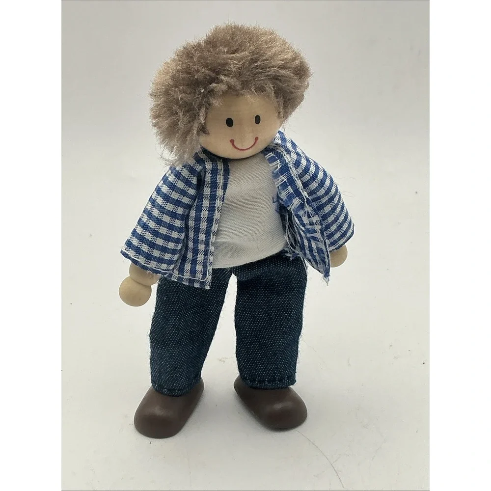 Wooden Dollhouse Doll Boy Figure Blue Plaid Checked Shirt Jeans Posable 4.5